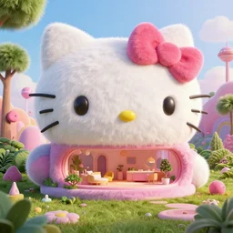 detailed architectural render of a futuristic home furry fuzzy hello kitty movie hairy surreal atmosphere inspired by postmodernism lush fun hyperreal hyperdetailed 3 d samaritual 8 k real engine