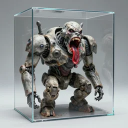 a perfect destitute portrait photograph of a distorted, contorted humanoid mecha vagrant ludicrously squeezed into a perspex cube. their gaping mouth is erupting in pure hateful love.