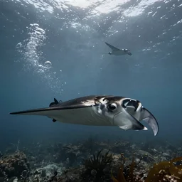 hyperrealistic underwater photography, panoramic picture of an ocean floor with in the distance one single manta ray. focus on the manta ray. the manta ray is anatomically correct and highly detailed. the eyes are intricately detailed. there are lots of bubbles. seaweed and some rocks. gloomy scattered light entering from the water surface, trending on artstation, hq, 4 k