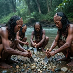 asian prehistoric people, asemble at the river bank, make stone adze from pebble at the river bank in the rainforest, high qulity realistic face, hyper - realistic, highly detailed, 8 k, cinematic lighting, global illumination, elegant, ornate, super detail, the light is dim, and the colours are muted. kodak etkar 1 0 0