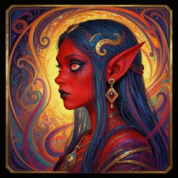side profile centered painted portrait, female troll shaman, crazy eyes, red skin, d & d, gloomhaven, matte painting concept art, art nouveau, beautifully backlit, swirly vibrant color lines, fantastically gaudy, aesthetic octane render, 8 k hd resolution, by ilya kuvshinov and cushart krentz and gilleard james
