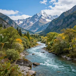 a photorealistic portrait, stunningly beautiful colorful fantasy landscape, professionally retouched, soft lighting, hyper realistic, hyper detailed river, mountains, deciduous trees, beautifully detailed bright blue sky, wide angle, sharp focus, 8 k high definition, 6 4 megapixels, insanely detailed, stunningly beautiful