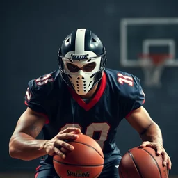 a football player wearing a hockey mask playing basketball