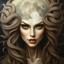 perfectly centered portrait, front view of a beautiful mushroom moon goddess, female, flowing hair, intense stare, sarcastic smile, symmetrical, concept art, intricate detail, volumetric shadows and lighting, realistic oil painting by tim hildebrandt,