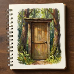 a painting of a notepad that is also a door to a cottage in the woods, trending on artstation, detailed digital art, aesthetic!!!!,