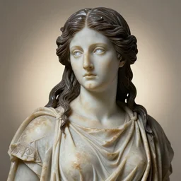 digital character ancient greek sculpture art of very beautiful 1 9 0 0 s goddess of battles, oaths, and sorrow, marble, long dark brown hair, head shot, hyper realistic, tan skin, silver eyes, 4 k, rule of thirds, extreme detail, detailed drawing, trending artstation, hd, fantasy, d & d, realistic lighting, sharp focus, backlit, elegant.