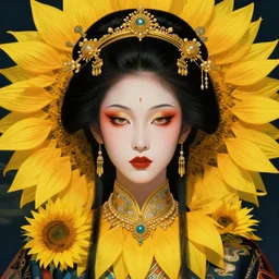 portrait of sunflower cyberpunk geisha. beautiful symmetrical face. fantasy, regal, by kim keever, victo ngai, stanley artgerm lau, greg rutkowski, thomas kindkade, alphonse mucha, loish, norman rockwell