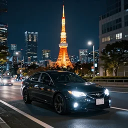 wideshot of a car driving in tokyo at night, highly detailed, 4k, deviantart, artstation