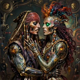dead cyborg Genesis P-Orridge as Jack Sparrow embraced by passion, full body portrait, insane avant-garde professional hair style, dramatic hair color, fully tattoed mechanical snake skin, emerald eyes, amber jewels, ornate clothing, baroque digital painting, epic cinematic, steampunk sci-fi, psychedelic, realistic, hyperdetailed, chiaroscuro, concept art, art by Jon Foster and Michael Whelan and Amano and Karol Bak