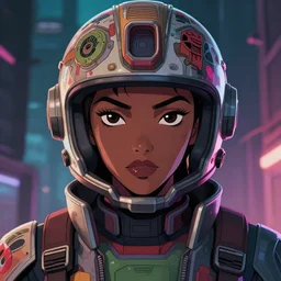 anime portrait illustration of a 👩🏿🚀 gundam pilot in an intricate helmet, hiphop urban inspired, symmetrical proportions, symmetrical perfect facial features, cinematic lighting, hd, 3 2 k, octane, unreal engine, in the style of go teen titans and disney's pixar, by denys cowan and dwayne mcduffie, liquidcoco, rossdraws, artgerm, masterpiece