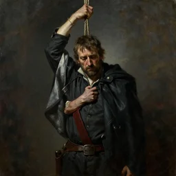 todd howard about to be hanged for his crimes, oil painting, tragic, sorrowful.