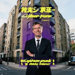 cyberpunk, an estate agent listing photo, external view of a block of flats in the UK, by Paul Lehr