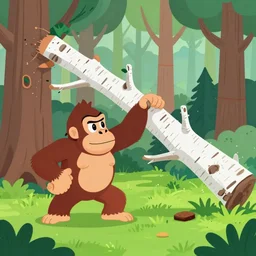 donkey kong in a forest knocking down trees, a white birch tree that has fallen over, donkey kong from nintendo 6 4