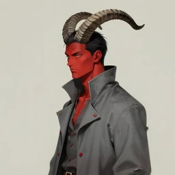 anime art handsome tall man with narrow face and crimson skin, large curved black and white striped ibex horns on a head, tattered slate gray collared coat with red buttons, art by dustin nguyen akihiko yoshida greg tocchini, profile portrait, empty background, elegant, hyperrealism, morandi color scheme, octane render, commission art
