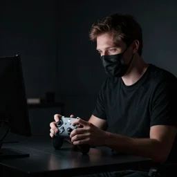 a man in a black medical mask plays on xbox controller in the dark, rimlight, 8k, ultrarealistic