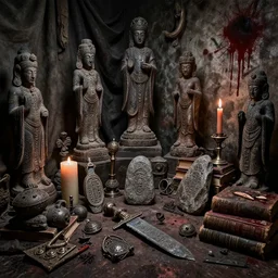 cluttered room full of ancient artifacts dark dusty statues runes candles brooding books magical arcane instruments ritual stone knife drapery atmospheric hdr blood graffiti