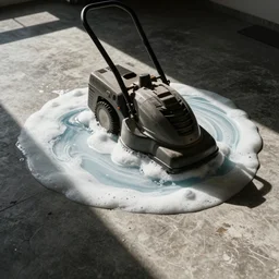 floor made of laundry with a lawnmower on top