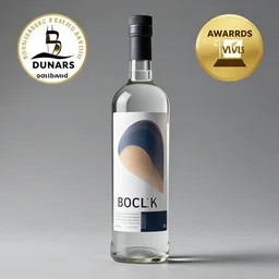 a bottle of vodka with modern label design, studio lighting, product shot, thedieline, behance, packaging award