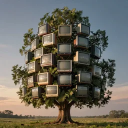tree full of CRT televisions in it, evening, photorealistic