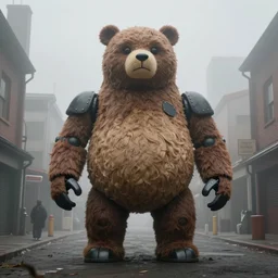 a giant freddy fazbear robot animatronic bear in the middle of a foggy street, award - winning art by simon stalenhag, trending on artstation