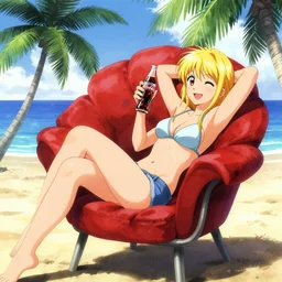 a smile blond girl lay on rose chair hold coke in beach, palm tree, matte, sharp focus, illustration, masterpiece of anime key visual, art by artgerm, greg rutkowski, sasoura, satchely, no distorsion