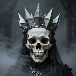 skull queen with an origami crown, hints of silver jewelry, gothic, eerie, intricate detail, dramatic lighting, mist, grey, 4 k