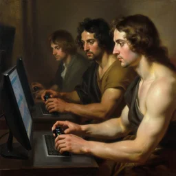 beautiful oil matte portrait painting, bodybuilders playing video games, wonderful masterpiece highly detailed, beautiful cinematic light deep focus, elegant, digital painting, smooth, sharp focus, golden ratio, dramatic illumination, ultra realistic, 8 k, art by artemisia lomi gentileschi and caravaggio