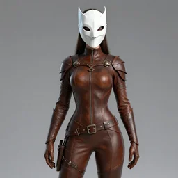 female adventurer in tight full - body leather armor of argonian design with white porcelain crow mask, trending in artstation, establishing shot