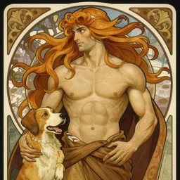 beautiful illustration of a wizard with a dog as a god with alphonse mucha and craig mullins, gorgeous, amazing, flowing hair, muscular, very muscular male body, in the style abigail larsonand and sam guay, rim light, beautiful lighting, 8 k, stunning scene, octane, trending on artstation