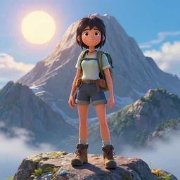a pixar 3 d film animation still portrait of a 1 9 5 0's adventurer hiker girl atop a big mountain, finely detailed features, water, sun, gapmoe yandere grimdark, trending on pixiv fanbox, painted by greg rutkowski makoto shinkai takashi takeuchi studio ghibli, pixar,