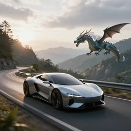 Futuristic concept car drive on a downhill mountain road, flying dragon above the valley on the right, ultra detailed, 50mm lens, sunrise, overcast sky, realistic, 4k, trending on artstation, octane render, unreal engine.