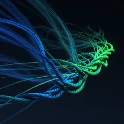 twisted ropes of blue and green unravel in a strong wind across a dark night sky, unreal engine