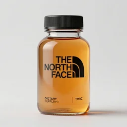 concept art of a north face brand dietary supplement with the title tmic written on it, in a transparent modern rounded bottle filled with gold orange liquid, black top, by greg rutkowski, white tones, white background, digital painting, artstation, concept art, smooth, sharp foccus ilustration hq