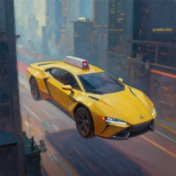 flying futuristic taxis in cyberpunk city, hyperrealism oil painting