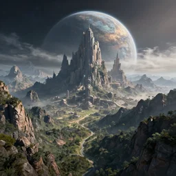 beautiful alien planet mountain landscape with a sci-fi city, art, high detail, high definition, photorealistic, hdr,