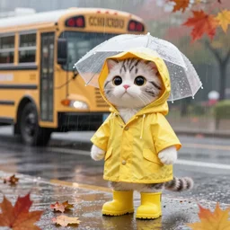 a cute kitten wearing a yellow raincoat and yellow boots waiting in the rain for the school bus on the first day of kindergarten, with colorful fall leaves