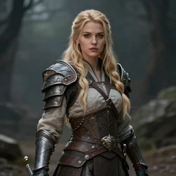 legendary pretty blond female warrior, shallow depth of field, moody lighting, 8 k, concept art,