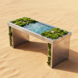 desk made of rectangle tetris, made of silver steel and moss and water, octane render, trending on artstation, on the hard desert floor