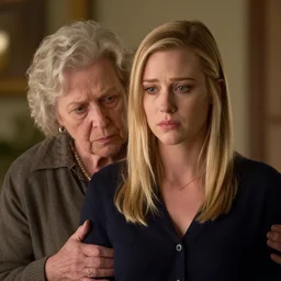 very sad looking young gwyneth paltrow with her overbearing, spiteful german grandmother katherine danner, photorealistic, bokeh, 5 0 mm