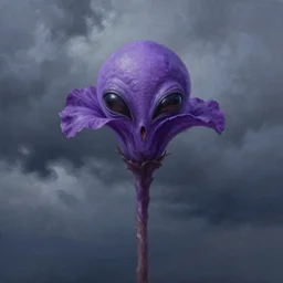ultra realistic painting of a dark cloudy sky over a purple alien flower