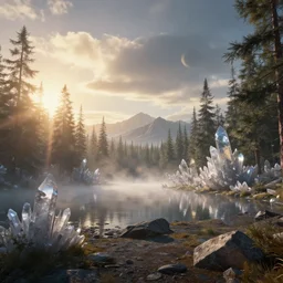 epic crystalline forest with a lake, golden hour, misty ground, rocky ground, distant mountains, atmospheric perspective, altostratus clouds, planets, cinematic, 35mm lens, anamorphic lens flare, photographic, octane render, cinematography by roger deakins, in the style of ansel adams, 8k