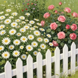 a beautiful digital illustration painting of a detailed daisy and rose garden with a white picket fence by benoit b. mandelbrot, steven belledin, martin johnson heade, lee madgwick, caspar david friedrich, and david rios ferreira, thomas kinkade. 8 k resolution trending on artstation concept art digital illustration