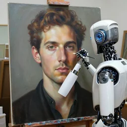 robot artist painting a self - portrait on a canvas. intricate, highly detailed, photorealistic, film still, by alexandros pyromallis, hans thoma, gil elvgren, sachin teng.