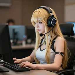 a blonde miqo'te sitting in front of a computer wearing headphones, in the style of greg rutkowski, fantasy, amazing detail, epic, elegant, smooth, sharp focus