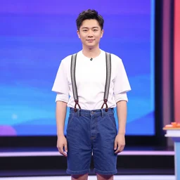 portrait photo of the vibrant quiz show host wearing suspenders and shorts, studio stage