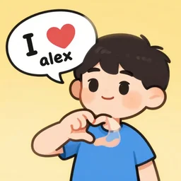 boy cartoon character saying i love alex, high quality, making a heart sign with his hand, digital art,