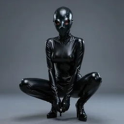 hooded flat slim thin petite female plague doctor, in extra tight shiny black latex suit, long sleeves, turtleneck, trending on artstation, latex plague crow mask, squatting, by sakimichan, establishing shot