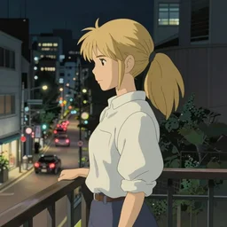 a blonde, ponytailed woman stands on her balcony over a city street at night, still from urban scenes directed by Hayao Miyazaki