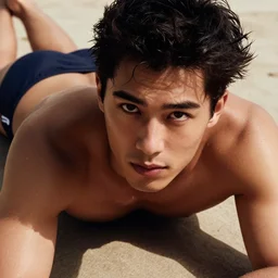 close-up of youthful-looking man in swimming trunks. He is lying down and sunbathing, he is looking at the camera intensively, intense, dramatic, incredibly detailed, studio, 85mm Sigma Art lens