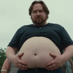 obese keanu reeves holds his exposed belly on close up, overcast, real photograph, 8 k film still